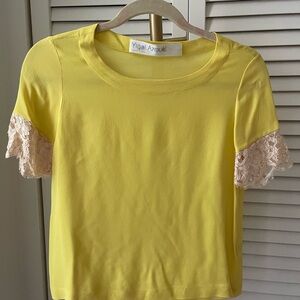 Yigal Azrouel Yellow Silk Top with Lace Sleeves Size 2